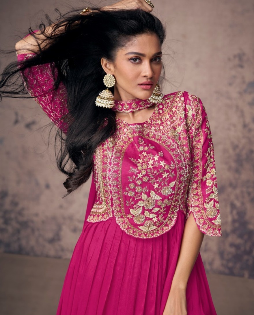 5548 - MAGENTA PINK ANARKALI GOWN IN CHINON SILK WITH EMBELLISHMENTS